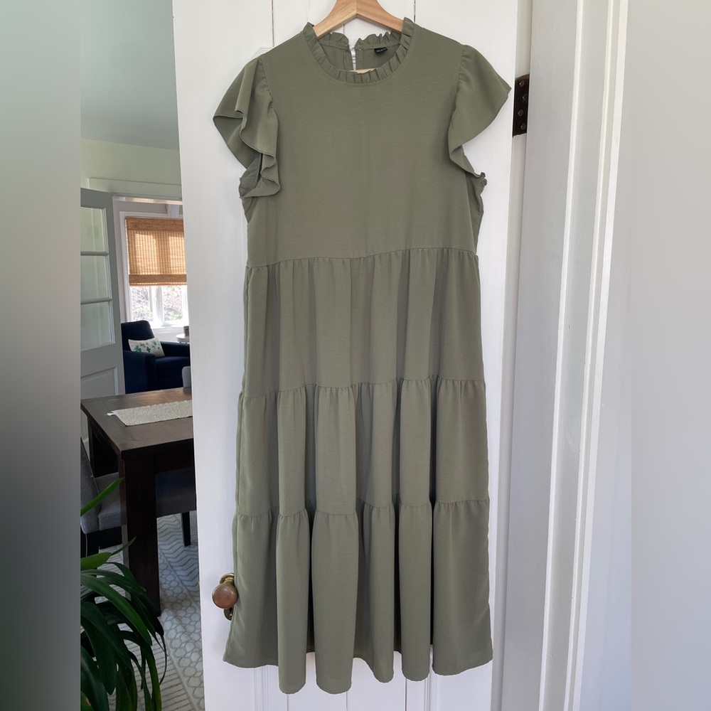SHEIN Olive Green Flutter Sleeve Tiered Dress, Size M